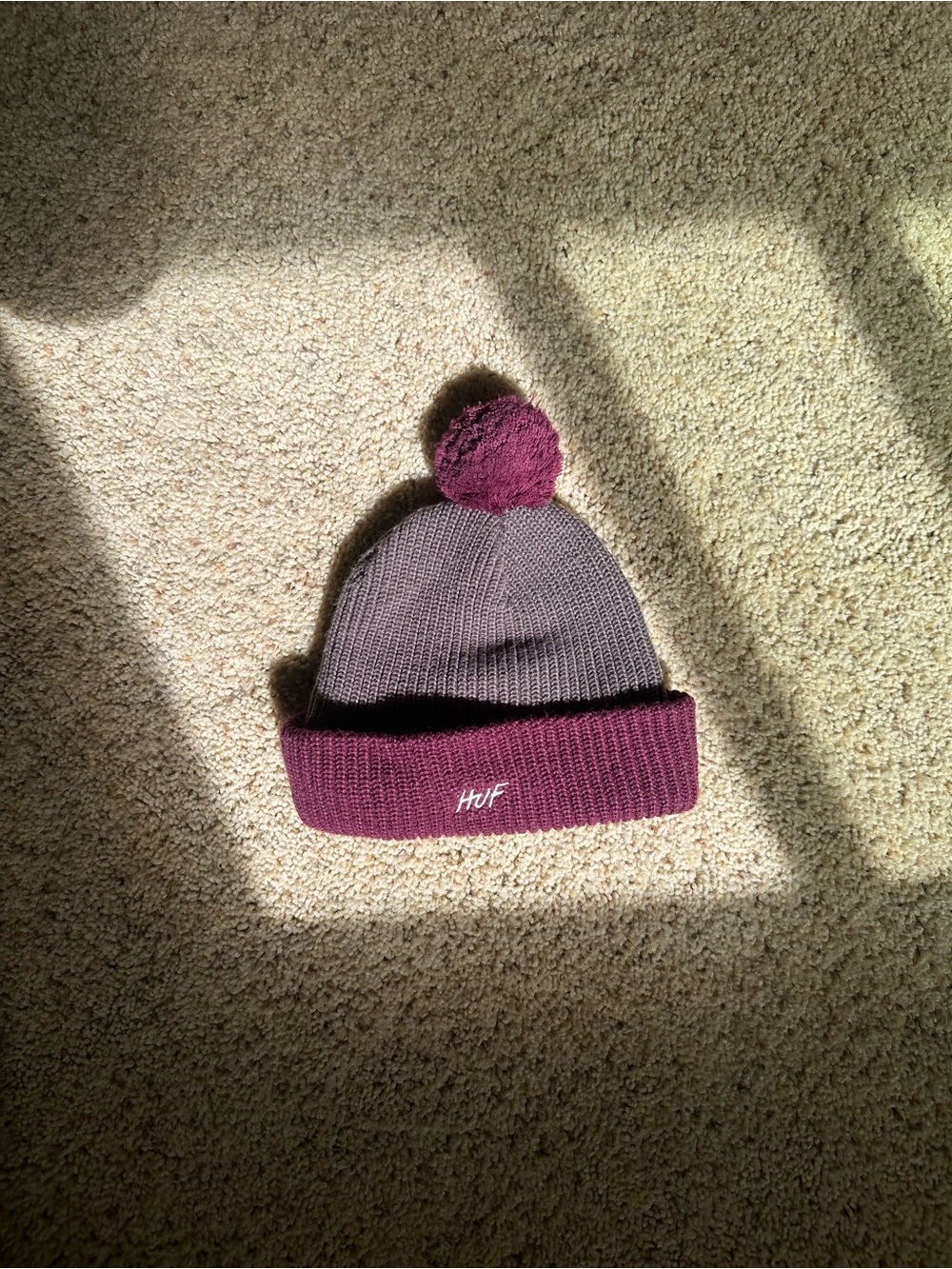 HUF Two-Tone Pom Beanie in Plum and Gray